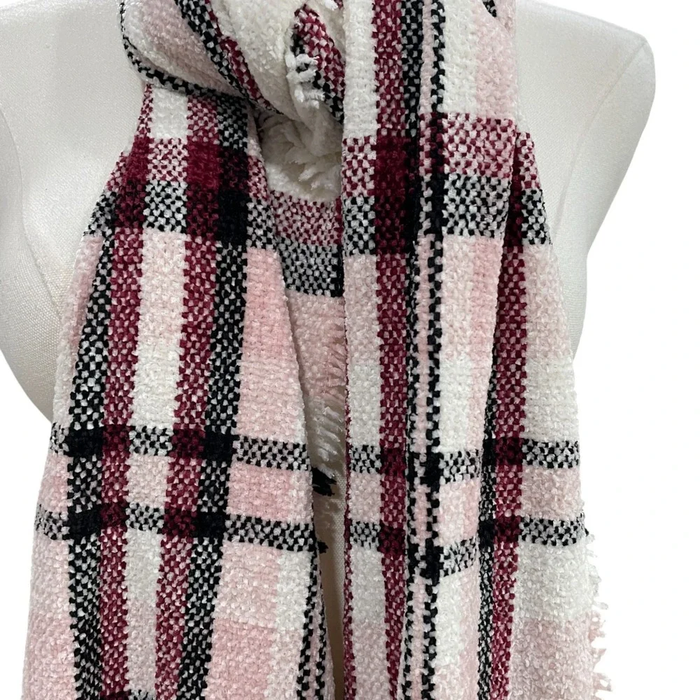 Style And Co Pink Plaid Fringe Scarf Soft Cozy Winter Fall Accessories Checkered